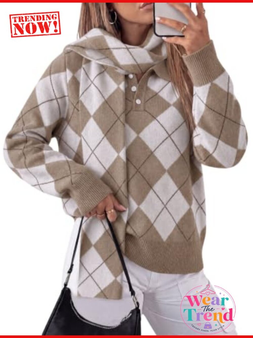 Saodimallsu Womens Argyle Polo Neck Sweater Pullover with Scarf Comfy Knit Top